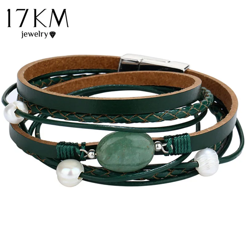 

17KM Green Stone Leather Bracelet For Men Women Vintage Multiple Layers Simulated Pearl Acrylic Cuff Bracelets Feminino Jewelry
