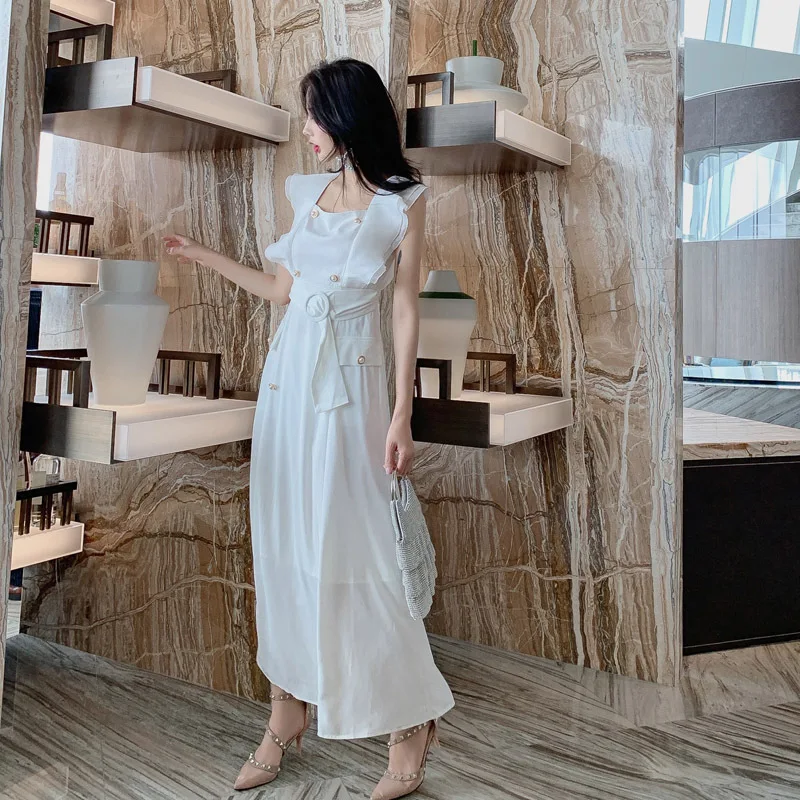 

High-end Women Square Collar Sleeveless Ruffles Elegant Dress Summer Sexy Party Dresses Vintage Bandage White Maxi Dress Vestido