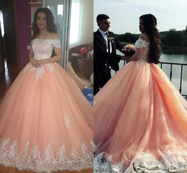 

Blush Pink Ball Gown Quinceanera Dresses 2019 Bateau Neck Applique Tulle Plus Size Sweet 16 Dresses Peach Saudi Arabic Prom Gown