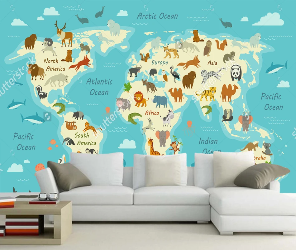 Papier Peint Pour Enfants Carte Du Monde Avec Des Animaux Murale Photo 3d Pour Salon Chambre D Enfants Arriere Plan Chambre A Coucher Aliexpress