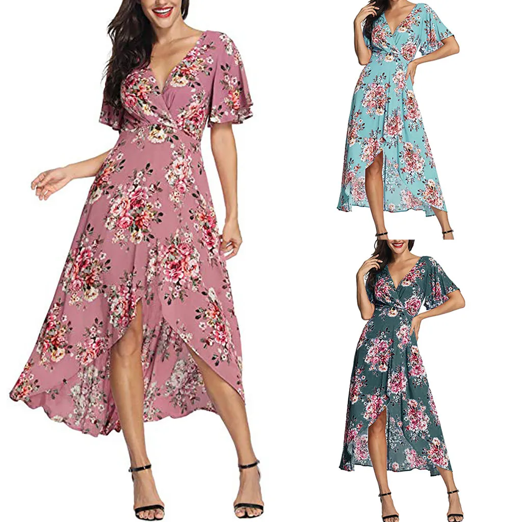 TELOTUNY Ladies Dress Women Summer V Neck Short Sleeve Floral Print Beach Party Wedding Long Dress Women Dress Fashion Hot Jan22