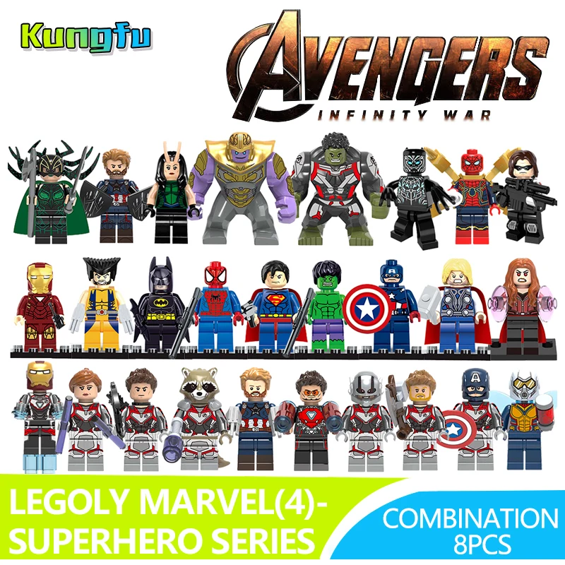 

8pcs/lot Discount Super Heroes Thanos Iron Man Hulk Spiderman Batman Captain Marvel LEGOINGLY Building Blocks Toys Figures Gift
