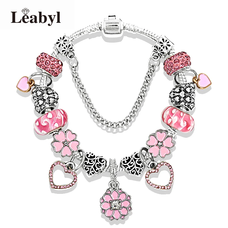 Cute Pink Crystal Bead Bracelet Flower Dream Catcher Charm