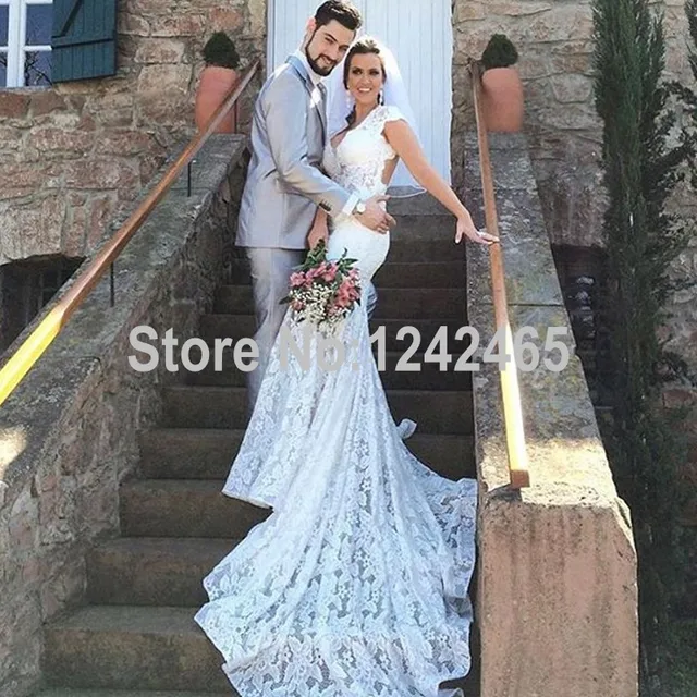 Mermaid V Neck Lace Backless Wedding Dresses Sexy Long Cap Sleeve Rustic Gowns With Keyhole Mermaid V Neck Lace Backless Wedding Dresses Sexy Long Cap Sleeve Rustic Gowns With Keyhole