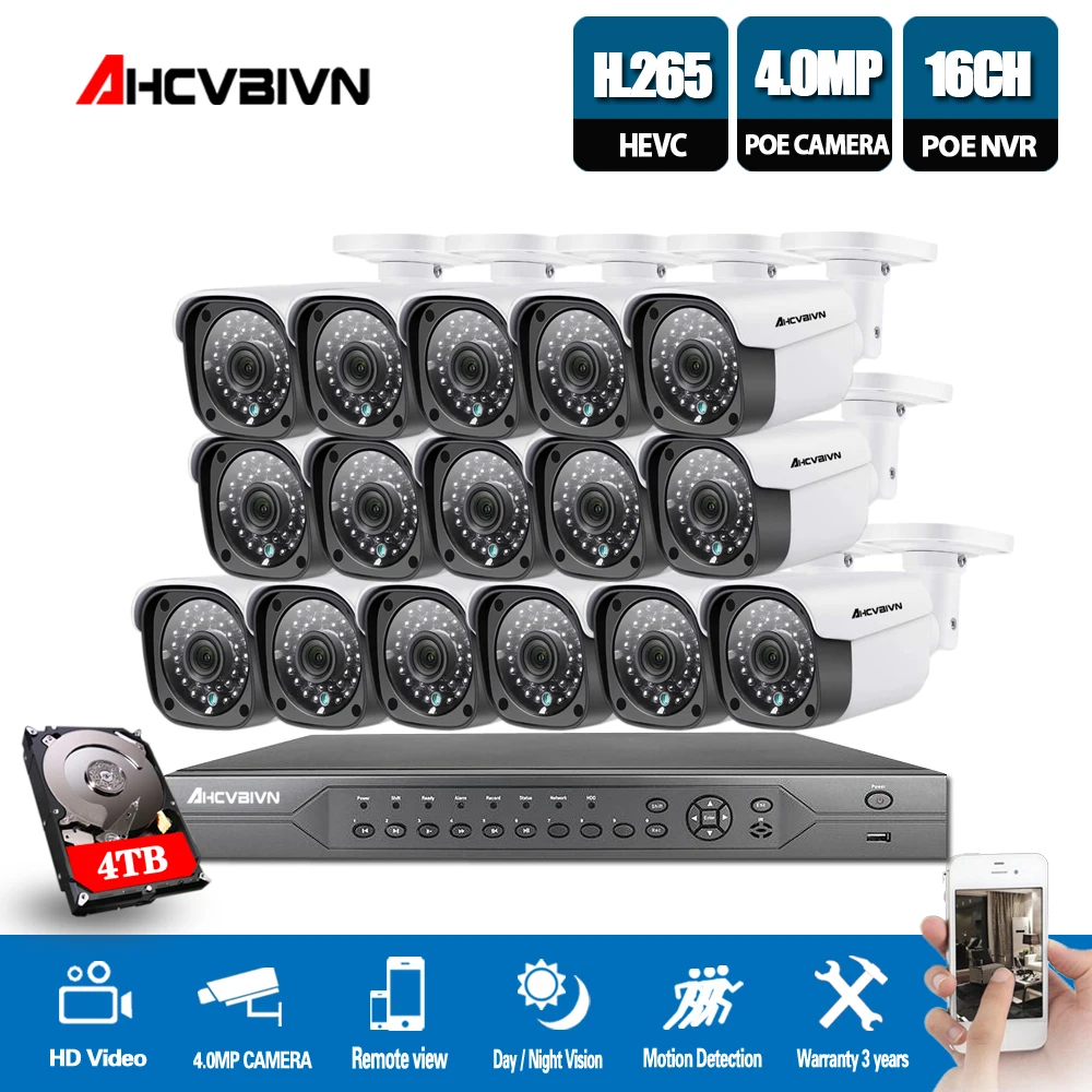 

16CH 2MP 4MP 5MP POE NVR CCTV Security System 16PCS IR Outdoor indoor Audio Record IP Camera P2P Video Surveillance Kit 4TB HDD