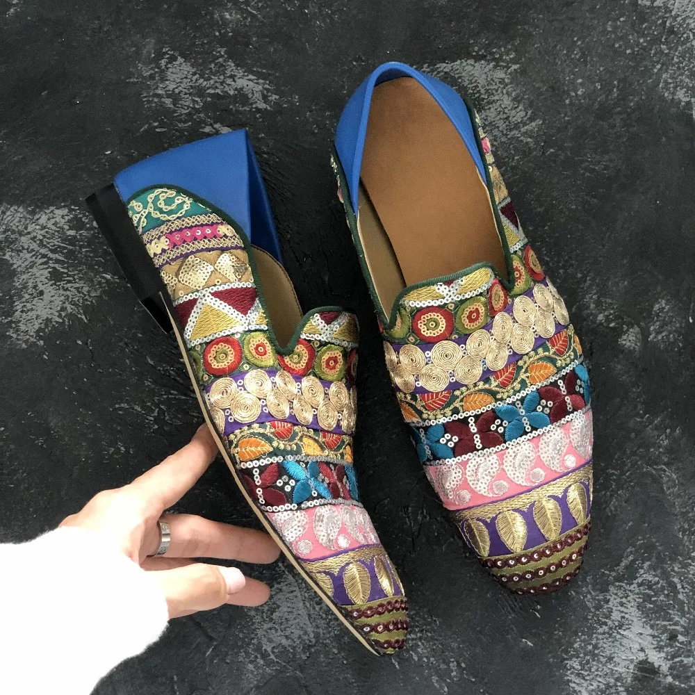 

Tribal print jacquard cotton men dress shoes slip on flats fashion color Men Gold Line Embroidery Loafers