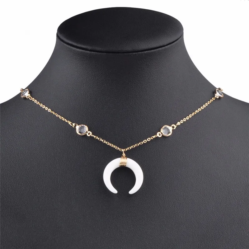 Gold Silver White Horn Necklace Crescent Moon Pendant Necklace Bohemia Ethnic Crystal Wire Necklace Choker For Women Jewelry