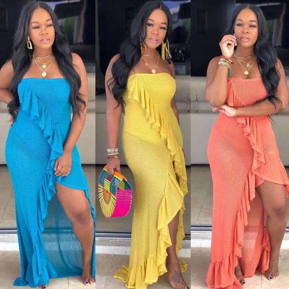 

Elegant Ruffed Long Dress Strapless Off Shoulder Sleeveless Plus Size Mesh Sheer Sexy Open Slit Party Club Ruffle Maxi Dress