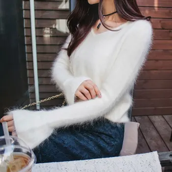 

Korean Style 2018 Spring Autumn Women's High Fashion Fare Long Sleeve Sexy V-Neck Cashmere Sweater Female Oversize Pullover Hot