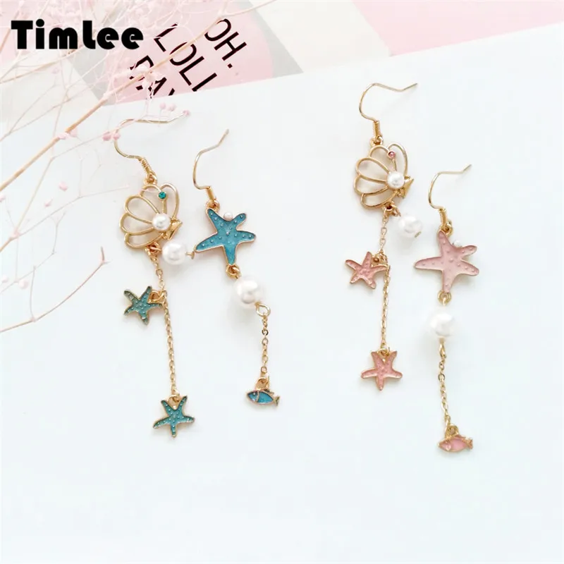 

Timlee E271 Free shipping, New Sweet Lovely Shell Starfish Long Drop earrings,Fashion Cartoon Jewelry Wholesale