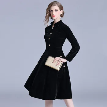 

Women Black A line Dress Sexy Velvet Female Dress Ladies Autumn women autumn black vintage elegant winter overcoat 2XL 2018