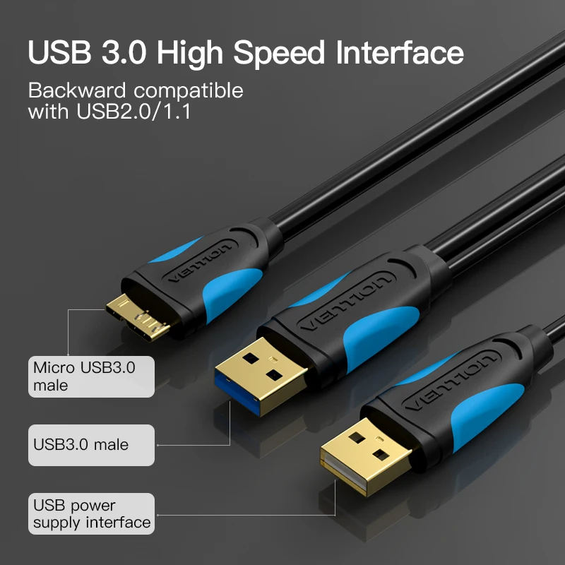 Vention Micro USB 3,0 Dual USB с кабелем питания папа-папа супер скорость 5 Гбит/с Синхронизация данных USB кабель для HD samsung телефон