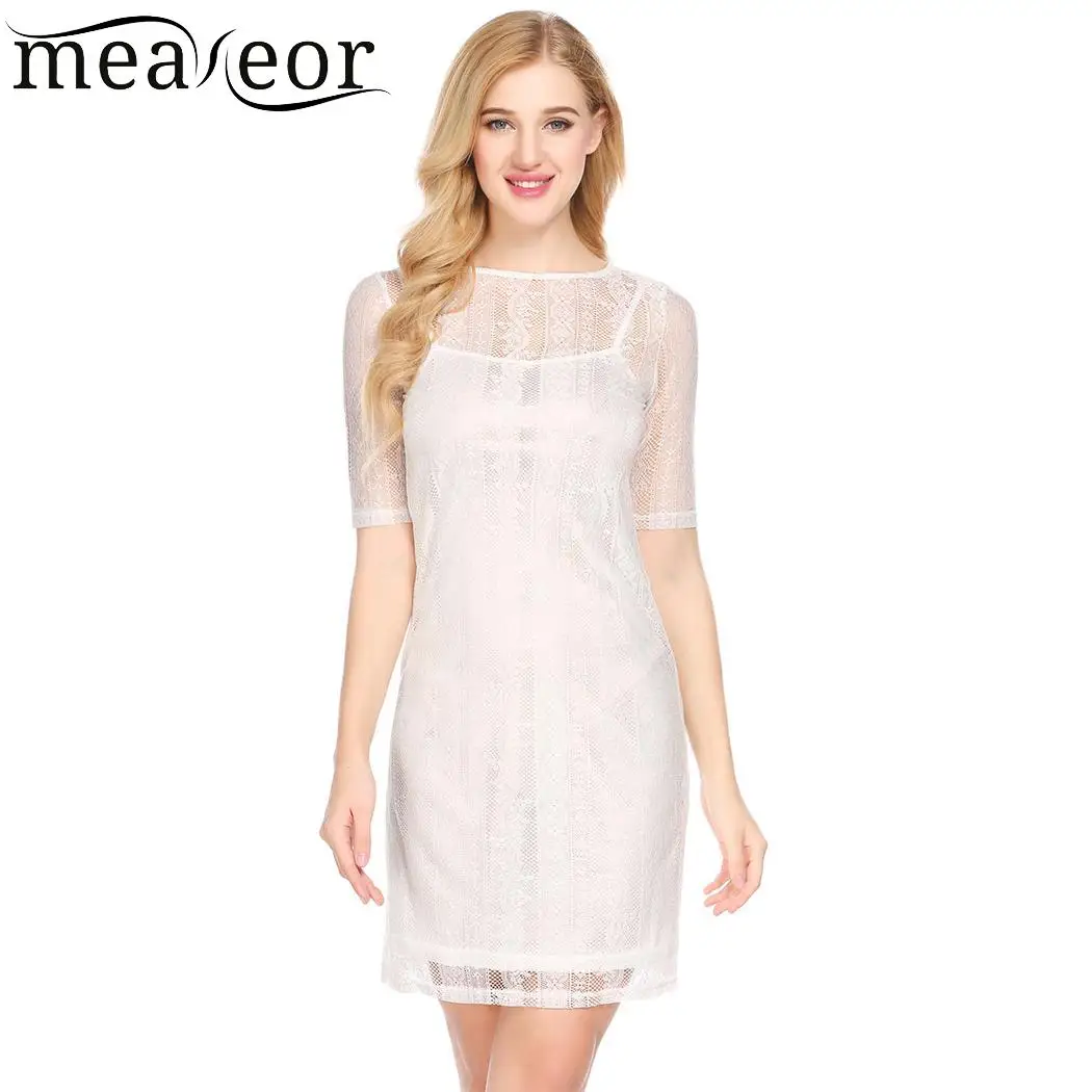 

Meaneor Short Sleeve Women Dress Casual O-Neck Women Dress Lace Floral Summer Dress with Adjustable Spaghetti Straps Lining