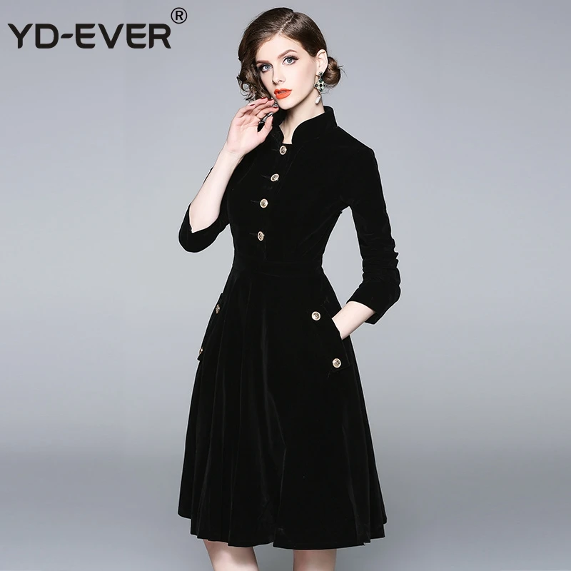 

Plus Size Black Velvet Dress Winter Clothing Women Vintage Long Sleeves Gold Button Pocket Ladies Office Casual Robe Dresse