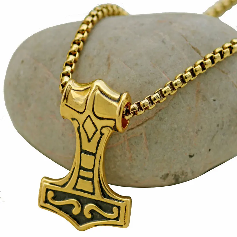 Men Stainless Steel Thor Hammer Pendant Gold 23'' Chain Necklace Viking