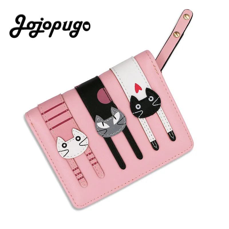 

Fashion Pink Three Lazy Cats PU Leather Women Short Wallet Coin Pocket Card Holder Ladies Rivet Zipper & Hasp Money Purse