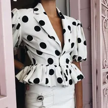 Vintage dot print women tops summer 2019 slim white blouse shirt top female Retro ruffle peplum blouse shirts feminina daisy print ruffle trim blouse