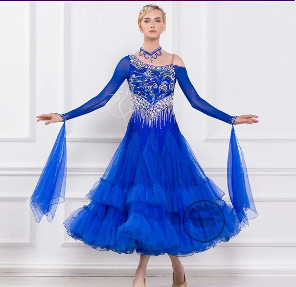 

customize High quality blue long mesh sleeve adult Ballroom Fox trot Quick step tango Modern Waltz competition Dance Dress