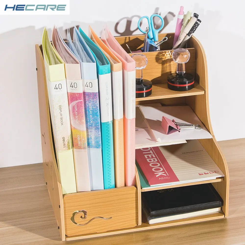 HECARE пластиковый органайзер для домашнего офиса с выдвижным ящиком, белая многофункциональная стойка для журналов, держатель для документов, аксессуары для офисного стола - Цвет: Wooden color