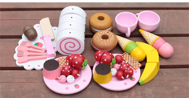 Juguetes para bebés, pastel de imitación de fresa/juego de té de la tarde, juego de corte, juego de cocina, alimentos, juguetes de madera, regalo de cumpleaños para niños - 3
