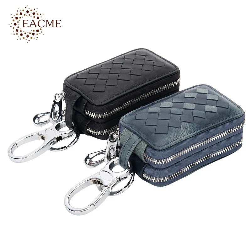 

EACME Genuine Leather Double Zipper Car Key Wallets Men Key Holder Bag KeyChain Covers Cases Sheepskin Knitting Grain Portable