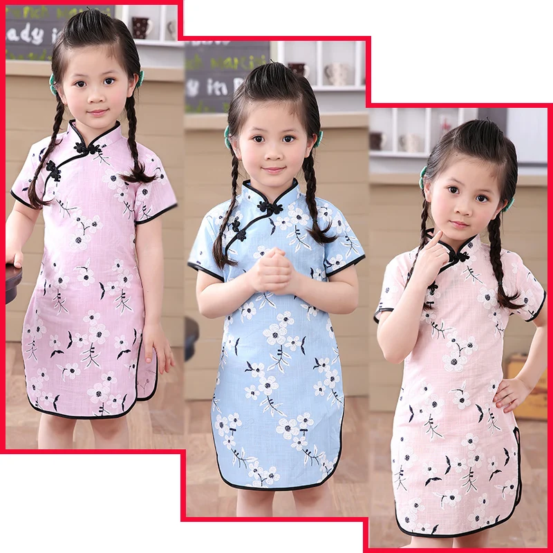 

Flower Baby Girl Dresses Summer Plum Children Qipao Chinese New Year Girl's Cheongsam Clothes Outfits Floral Chi-Pao Dress Top