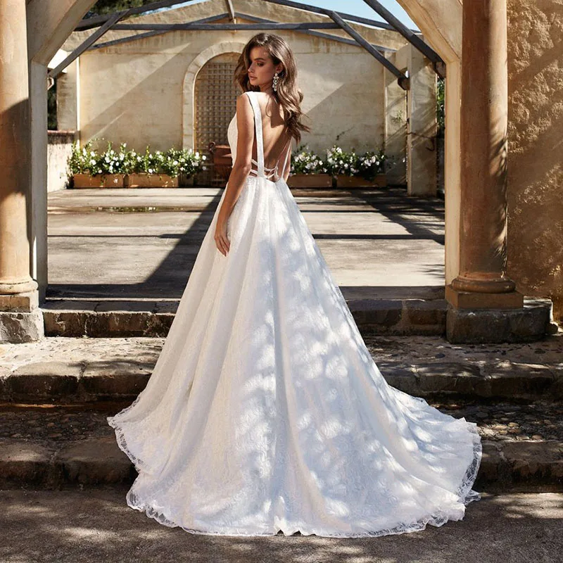 

Eightale Boho Wedding Dress V Neck A-Line Lace Bridal Dress with Open Back Long Wedding Dress Beach Free Shipping 2019