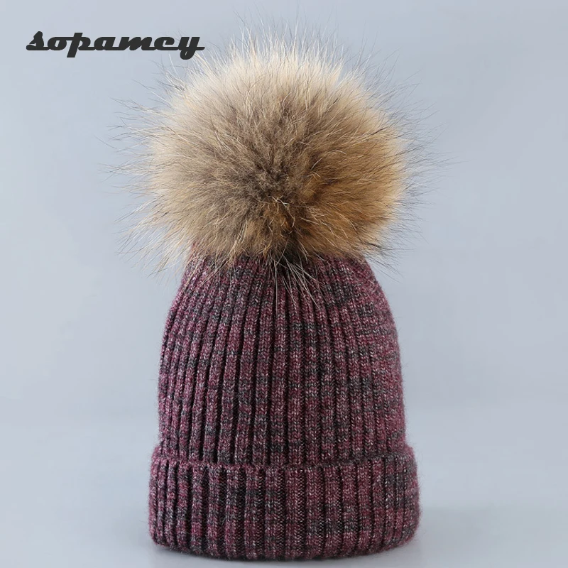 

Autumn winter beanies hat unisex knitted wool Skullies casual cap with real raccoon fox fur pompom solid colors ski gorros cap