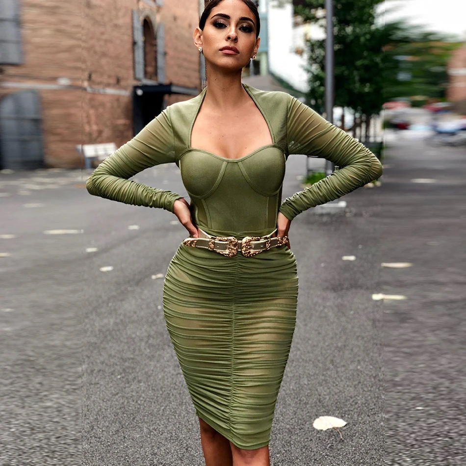 

Fashion Sexy Dress 2019 New Women Long Sleeve See Through Knee-length Party Runway Night Club Celebrity Bandage Dress Vestidos
