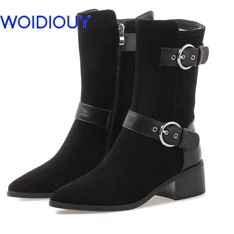 

Winter Mid-Calf Boots Handmade Patchwok Leather Chelsea Boots Med High Heels Boot Boots Botas Mujer Shoes Outwear Shoes Women