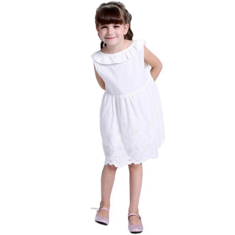Summer Girls Cotton Solid White Color Sleeveless A Line Dress Dresses Girls Clothes Wedding