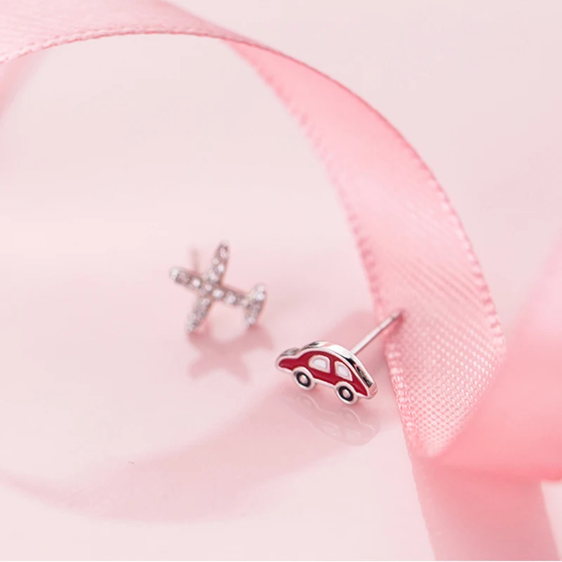 Серьги-гвоздики INZATT из чистого серебра S925 пробы, асимметричные серьги для женщин, вечерние серьги-гвоздики с цирконием, самолет, Красная эмаль, уникальный подарок для творчества