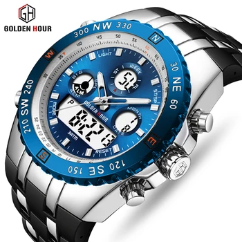 

GOLDENHOUR New Fashion Men Quartz Watch Outdoor Sports Mens Wristwatches Dual Display Silicon Strap Waterproof Relogio Masculino