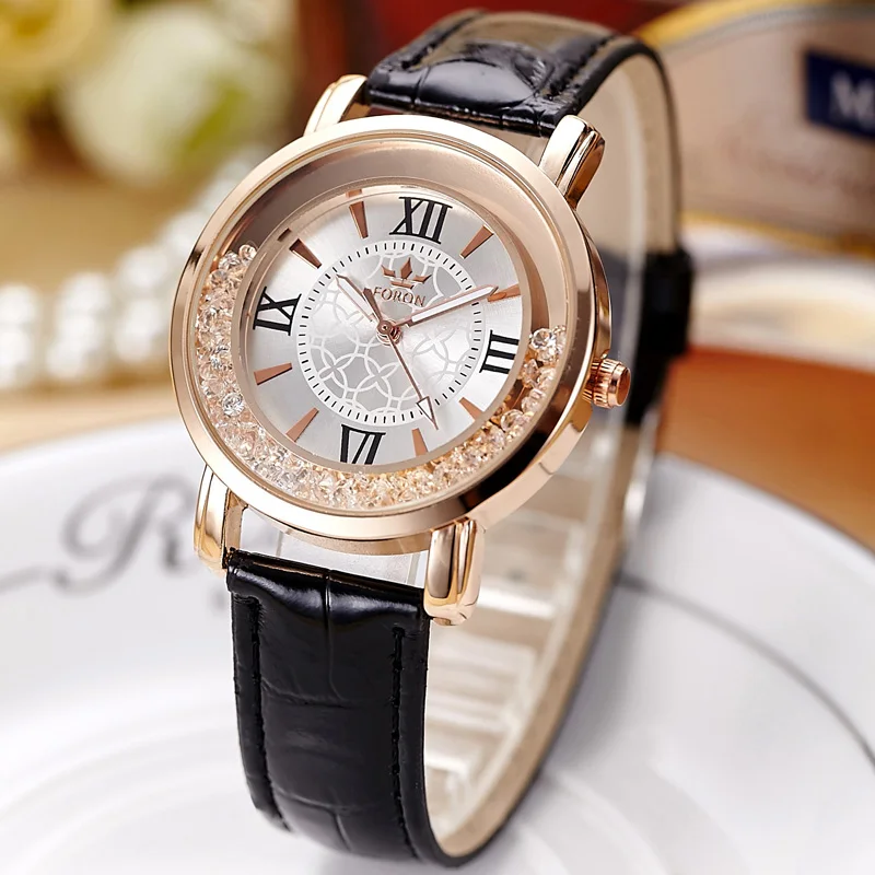 Fashion Ladies Watch Women Leather Strap Rhinestone Quartz Women's