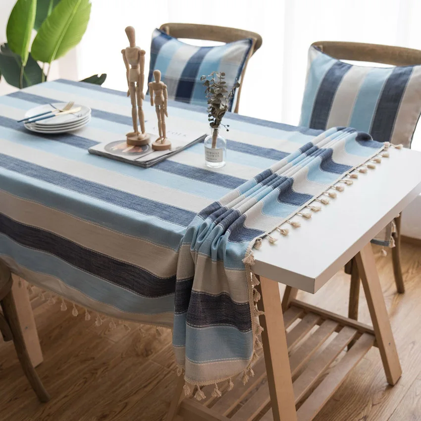Blue Striped Table Cloth Cover Waterproof Polyester Tablecloth With