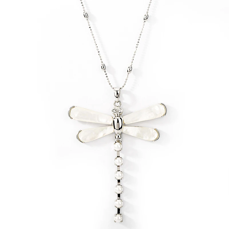 Элегантные женские ожерелья серебряного цвета, длинные ожерелья-цепочки, белый жемчуг, имитация стрекозы, подвески с насекомыми, летние ювелирные изделия, вечерние