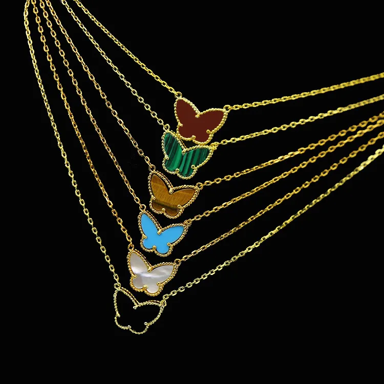 

High Quality Gold Color Butterfly Necklace Black Green White Blue Yellow Red Color Stone Pendant Necklaces For Women DJN033