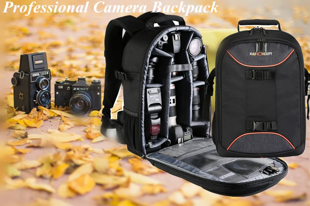 K&F CONCEPT Camera Backpack Waterproof Universal Travel Bag Padded High Capacity Hold Tripod Straps for Canon Nikon Sony Lens