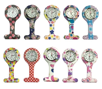 

10pcs Round Clip on Silicon Rubber Nurse FOB Watch Women Docter Hanging Pocket Medical Watch Free Shipping Gift Floral Printing