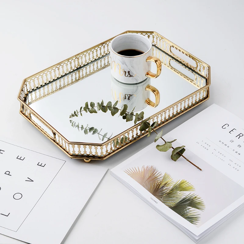 Metal mirrored tray Glass table decoration rectangle wine glass tray wedding storage gift fruit tray