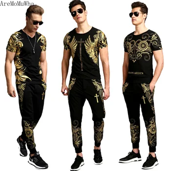 

AreMoMuWha Summer Men's Sets Personality Hot Stamping Long Pants Closed Slim Casual Sports Pants Summer Pattern Feet PantsQX1018
