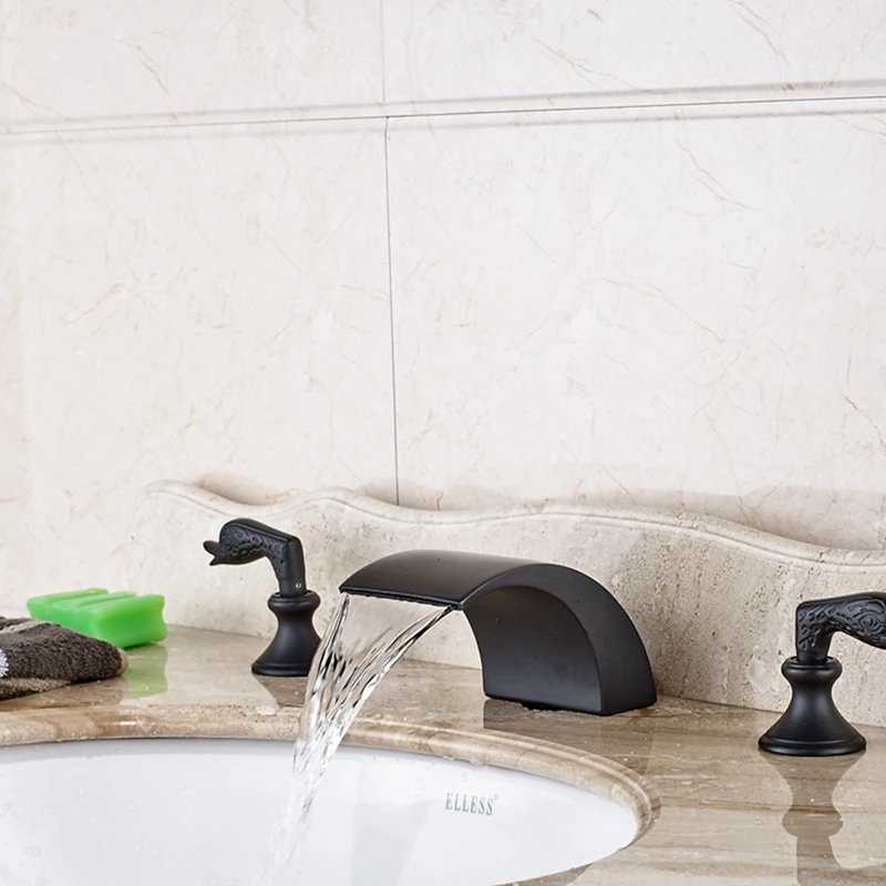 

Widespread Waterfall Roman Faucet 2 Swan Handle Vanity Sink Mixer Tap ORB Finish