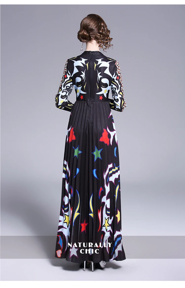 Подиумное дизайнерское леопардовое абстрактное Платье с принтом, плиссированное Макси платье с длинным рукавом, высокая талия, стоячий воротник, повседневное длинное платье для женщин