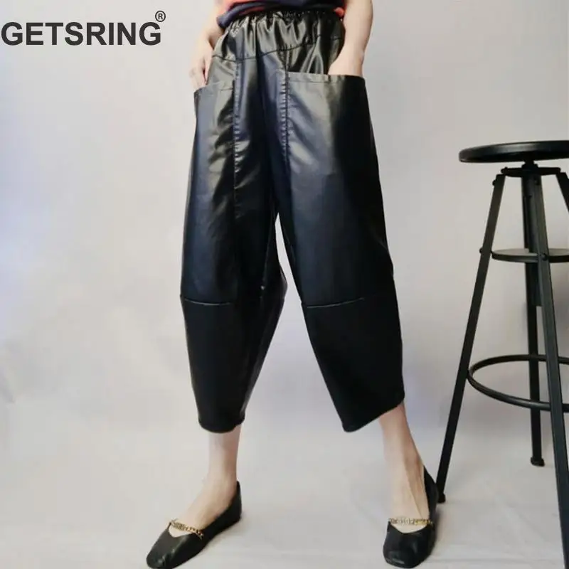 

GETSRING Women Pants Black PU Trousers High Waist Harem Pants Women Loose Trousers Elastic Waisted Ankle-Length Pants All Match