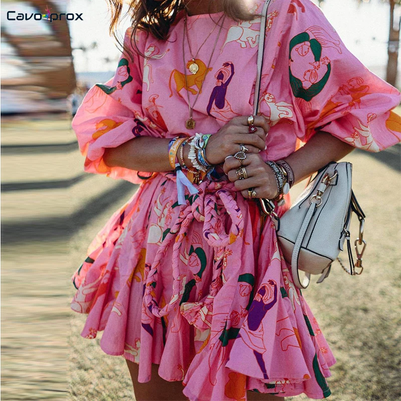 Женское милое розовое платье выше колена с мультяшным принтом, с коротким рукавом и круглым вырезом, мини-платье для отдыха, уличная одежда, Модное Новое Трендовое платье