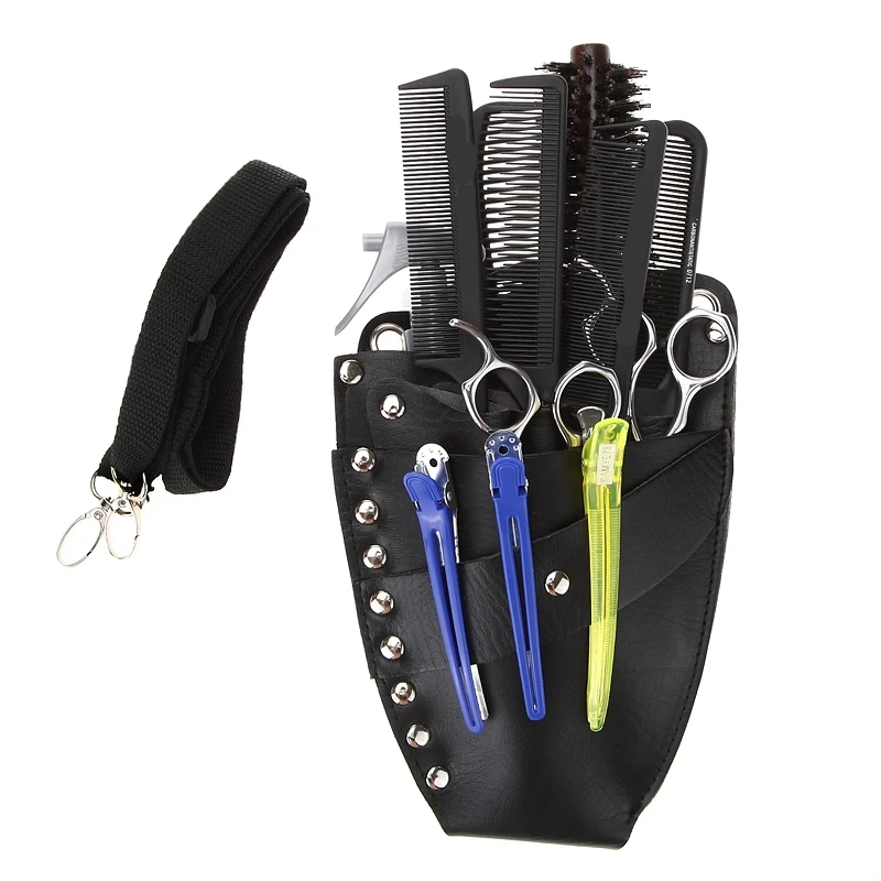 Pro Salon Black Leather Rivet Clips Combs Scissor Barber Bag