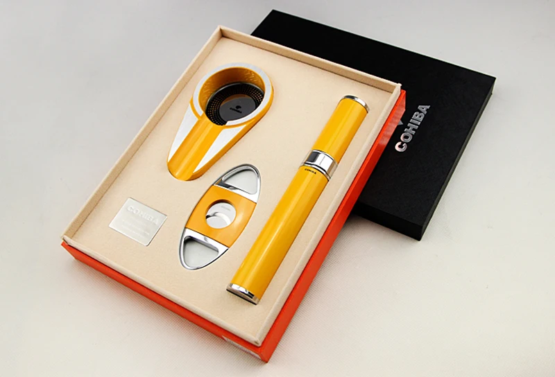 

GOHIBA Fine Cigar Set Yellow Cigar Ashtray &1 Tube Humidor & Cigar Cutter / Scissors, Portable Travel Cigar tools, Good Gift