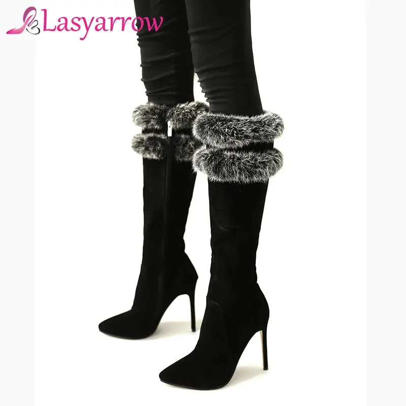 

Lasyarrow Zipper Botas Mujer High Heels Pointed Toe Knee High Knight Boots Sexy Autumn Winter Stilettos Boots Sapatos Femininas