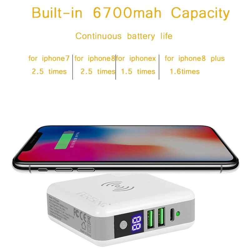 FERISING 6700 мАч портативное зарядное устройство 3в1 портативная полимерная батарея мини путешественник Qi несколько безопасных беспроводных зарядных устройств