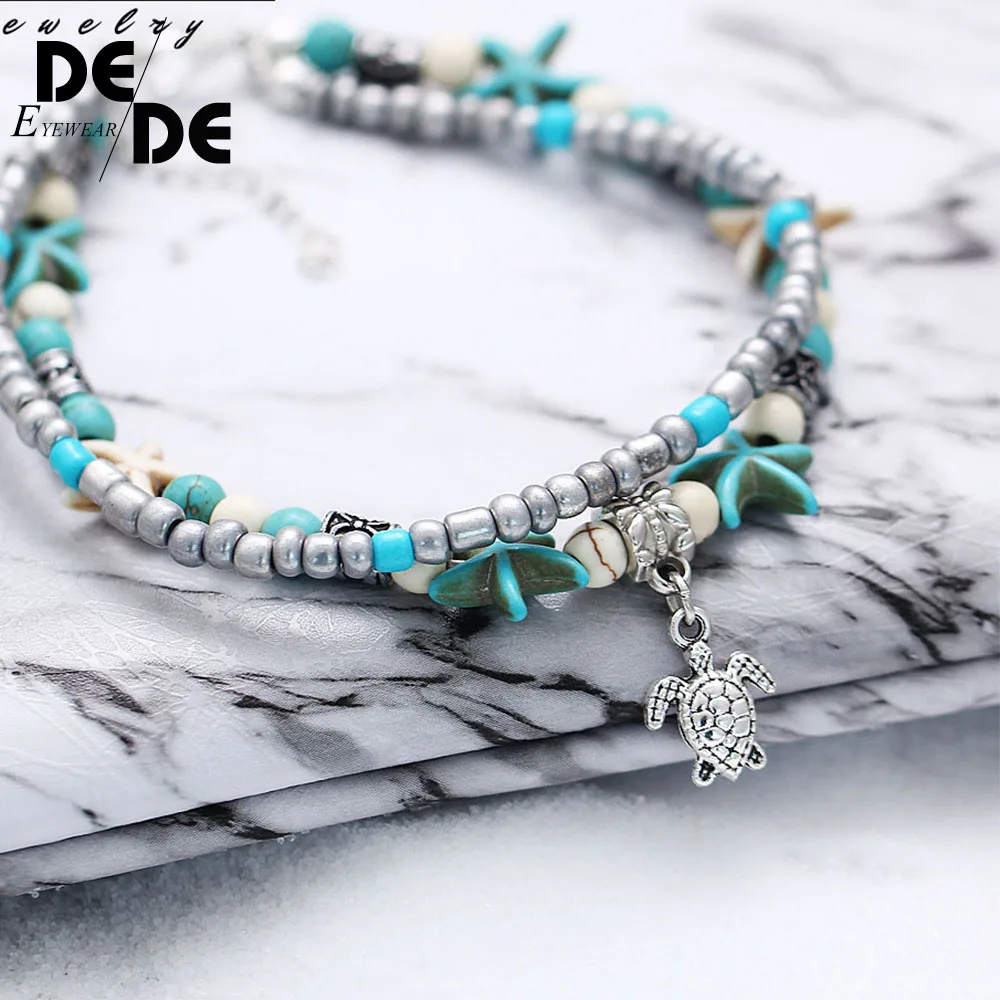 

DesolDelos Bohemian Crystal Stone Anklets Double Beach Foot Chain Conch Starfish Alloy Turtle Pendant Leg Bracelet Women Jewelry